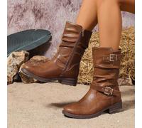 Shein Botas occidentales de moda para mujer, de otoño/invierno 2025, con hebilla, parche, cremallera lateral, plana y de punta redonda, de estilo casual y c