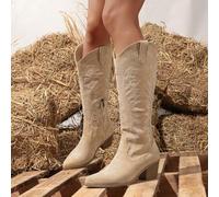 Shein Botas occidentales de mujer de tela de terciopelo para otoño/invierno, bordadas, de punta afilada, de slip-on, de invierno, cálidas, con cremallera la
