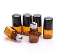 Shein Botella dividida de vidrio, botella roll-on de vidrio ámbar para aceites esenciales, vial de perfume con bola rodante de acero inoxidable, tapas negra