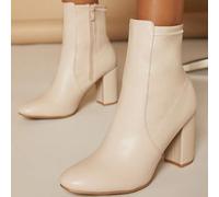 Shein Botines de mujer por encima del tobillo con puntera almendrada, tacón de bloque, tipo calcetín, en PU color beige, nuevos zapatos de verano para regal