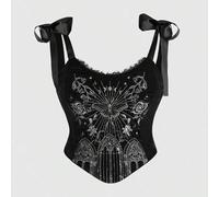 Shein Bralette de talla grande con patrón de bordado de arquitectura de palacio floral vintage negro de lujo gótico, con tirantes de lazo y top camiseta ele