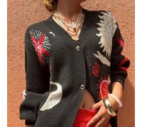 Shein Brillo de estrella de mar Moda otoño/invierno para mujer: Cárdigan de punto con jacquard de corazón solar y estrella, botones metálicos, manga larga y