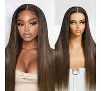 Shein Bye Bye Knots Peluca de cabello humano con raíces negras a marrón castaño ombre, yaki recta, con encaje frontal sin pegamento, sin nudos, de 7x5 pulga