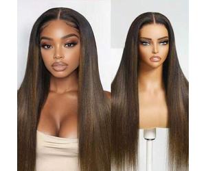 Shein Bye Bye Knots Peluca de cabello humano con raíces negras a marrón castaño ombre, yaki recta, con encaje frontal sin pegamento, sin nudos, de 7x5 pulga