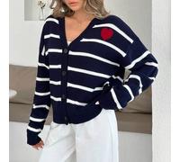 Shein Cárdigan de punto a rayas con estilo náutico y romántico - Escote en V azul marino con rayas blancas clásicas y acento de corazón rojo para un as
