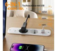 Shein Cable alargador de enchufe de escritorio con estándar europeo de 2 m, 4000W con interruptor de sobrecarga de 16A, 2 puertos USB-A y 2 puertos USB-C, a