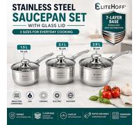 Shein Cacerola de acero inoxidable EliteHoff con tapa de vidrio, base de 7 capas, olla de cocina con mango largo para inducción y todo tipo de estufas - 1.5
