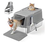 Shein Caja de Are*na de Acero Inoxidable para Gatos con Tapa Abatible, Arenero XL, a Prueba de Fugas, Cuchara, Cepillo, Doble Entrada, Carga de Encimera de