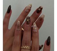 Shein Caja de regalo con 24 uñas postizas de almendra larga. Incluye uñas en tonos dorado con efecto espejo, rayas rosas, pequeñas cuentas de acero, detalle