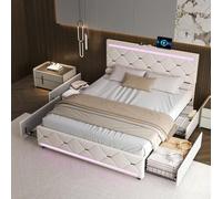 Shein Cama 160x200 cm, cama tapizada con función de carga y cabecero con barra luminosa y 4 cajones, estructura de cama con somier, cama doble con somier, t