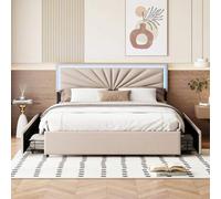 Shein Cama de matrimonio 140x200 cm con barra luminosa, cama con 4 cajones de almacenaje y somier de láminas de madera, somier con estructura de metal, lino