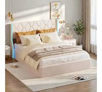 Shein Cama de matrimonio 140x200 cm de franela, somier de láminas y canapé hidráulico, canapé con banda luminosa y cabecero tapizado, color beige.