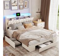 Shein Cama doble 140x200 cm con 3 cajones y barra luminosa, cama con somier y somier, cabecero con almacenaje y puerto de carga, terciopelo, beige