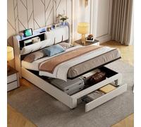 Shein Cama doble 140x200cm, con espacio de almacenaje, con barra luminosa y puerto de carga USB, en terciopelo beige, colchón de aire, tapizado, sin colchón