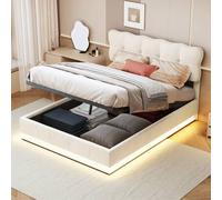 Shein Cama tapizada 140 x 200 cm, cama doble, cama juvenil con banda luminosa y función de almacenaje con resorte de gas, cama con canapé con respaldo, beig