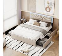 Shein Cama tapizada 140x200 cm con barra luminosa, cama doble canapé con 4 cajones, cabecero regulable en altura, cama funcional, estructura de cama juvenil