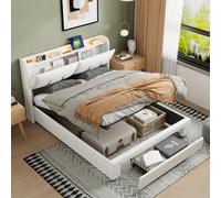 Shein Cama tapizada 140x200 cm, con cabecero con barra luminosa y puerto de carga, cama con espacio de almacenamiento y somier de láminas, cama con canapé h