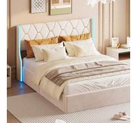 Shein Cama tapizada 160*200cm, cabecero con banda luminosa, cama hidráulica con espacio de almacenaje y somier, cama de matrimonio, color beige