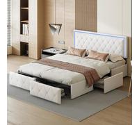Shein Cama tapizada 160x200 cm, cama doble con barra luminosa y 4 cajones, cabecero regulable y espacio de almacenaje, cama canapé, cama cajón, PU, blanco