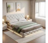 Shein Cama tapizada 160x200 cm con barra luminosa y elevación hidráulica, cama doble con cabecero tapizado, somier de láminas, lino, beige