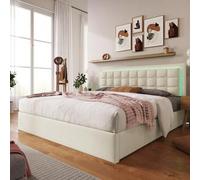 Shein Cama tapizada con somier y espacio de almacenamiento, cama doble con franja luminosa, estructura de cama de 180x200 cm, espacio de almacenamiento, fun