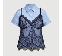 Shein Camisa 2 en 1 de encaje a rayas con patchwork de camisola de encaje, estilo universitario casual, uso diario casual, vintage de principios de otoño, e