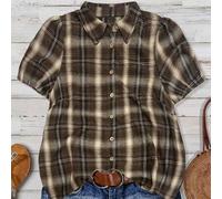 Shein Camisa a cuadros con mangas abullonadas de estilo casual para mujer de talla grande para festival de música country