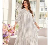 Shein Camisa casual con estampado de lunares, cuello de camisa, manga 3/4, corte holgado regular, primavera/verano, talla grande, vestido árabe para mujer