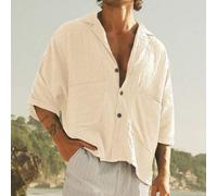 Shein Camisa casual de hombre con cuello de doble capa, tela de crepé, bolsillo ancho y manga tres cuartos, estilo bohemio de playa, Old Money, otoño