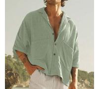 Shein Camisa casual de hombre con cuello de seersucker tejido de doble capa, bolsillo grande, manga 3/4, estilo boho para playa y resort, old money, otoño