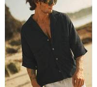 Shein Camisa casual de hombre con cuello de solapa, bolsillo delantero, manga tres cuartos, de tela arrugada de doble capa, color "Old Money", para otoño