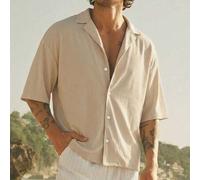 Shein Camisa casual de hombre HIMLAND con cuello de solapa, de doble capa, de tela arrugada, con bolsillo delantero, de manga tres cuartos, color Old Money,