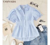 Shein Camisa casual de manga corta con botones al frente a rayas, Manga farol con lazo, cintura plisada con silueta evasé, adecuada para el trabajo y las va