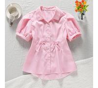Shein Camisa casual de manga corta con botones al frente y rayas para niñas preadolescentes, manga farol, silueta de línea A con cintura plisada con lazo, a