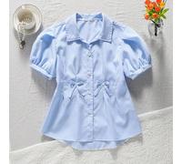 Shein Camisa casual de manga corta con botones delanteros a rayas, manga farol, cintura plisada con lazo en forma de A, adecuada para ir a trabajar, vacacio