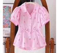Shein Camisa casual de manga corta con botones delanteros a rayas, manga farol, cintura plisada con lazo en forma de A, adecuada para ir a trabajar, vacacio