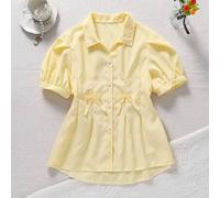 Shein Camisa casual de manga corta con botones delanteros a rayas, manga farol, cintura plisada con lazo en forma de A, adecuada para ir a trabajar, vacacio