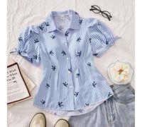 Shein Camisa casual de manga corta con botones, estampado de rayas y lazos, manga farol, cintura fruncida con lazo en forma de A, adecuada para ir a trabaja