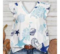 Shein Camisa casual de vacaciones con estampado de elementos oceánicos y mangas cortas para mujer de talla grande, para primavera/verano