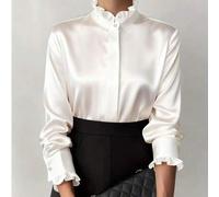 Shein Camisa casual elegante blanca de mujer con mangas farol - Blusa de cuello mao con media cartera, no transparente, de unicolor, versátil para todas las