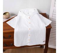Shein Camisa con capucha de manga corta de tela texturizada coreana informal para niños preadolescentes, adecuada para ir y venir, la escuela, el tiempo lib