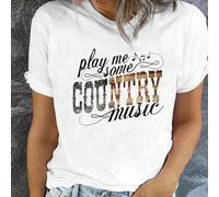 Shein Camisa con estampado para mujeres de festival de música country, camiseta de cuello redondo casual de manga corta con gráfico impreso "Play Me Some CO