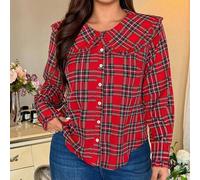 Shein Camisa de cuadros rojos y azules con cuello Peter Pan de estilo retro francés para tallas grandes, se puede usar por dentro o por fuera. Nueva camisa