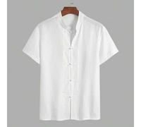 Shein Camisa de cuello Mao de talla grande para hombres, de unicolor, nuevo estilo chino de negocios casuales, ligera y de lujo con elementos chinos, de man