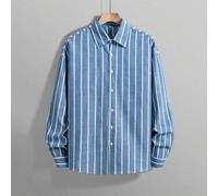 Shein Camisa de lino para hombre GloMan, corte holgado | Camisa de cuello a rayas retro, parte superior ligera y transpirable de manga larga adecuada para v