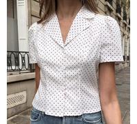 Shein Camisa de manga abullonada con lunares estilo retro francés/Blusa corta con cuello, que ciñe la cintura, elegante para ir al trabajo