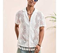 Shein Camisa de manga corta con bajo con flecos y calados para hombres, adecuada para uso diario