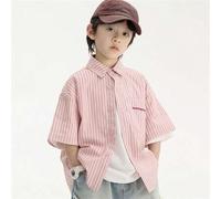 Shein Camisa de manga corta con cuello a rayas rosadas de moda coreana para niños, cárdigan casual que combina con varias prendas, esencial para el verano