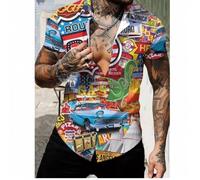 Shein Camisa de manga corta de impresión digital 3D para hombres - Diseño gráfico de Americana retro con coches vintage, Ruta 66 y estrellas, corte holgado