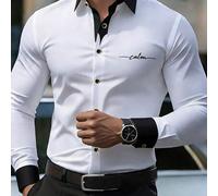 Shein Camisa de manga larga blanca para hombre, primavera 2026, con cuello y puños en contraste negro, estampado tranquilo para uso empresarial y de oficina